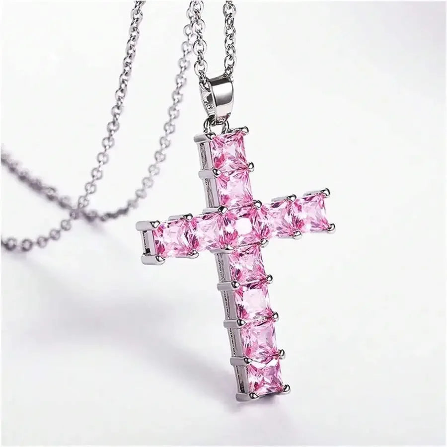 Gold multi-color crystal Jesus cross pendant necklace for women, fashion jewelry with pendant and chain, perfect for leisure and party wear.