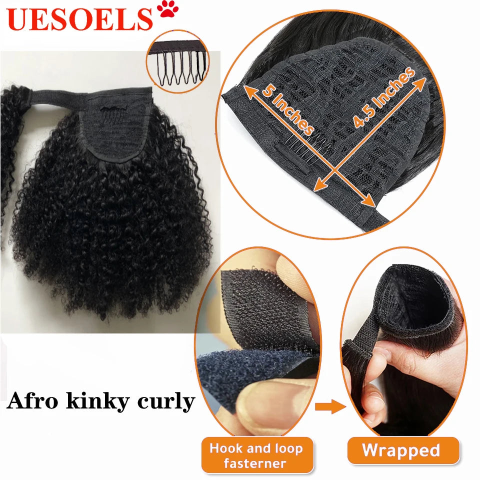 Mongolian kinky curly human hair wrap-around ponytail extension by HSF Marketplace