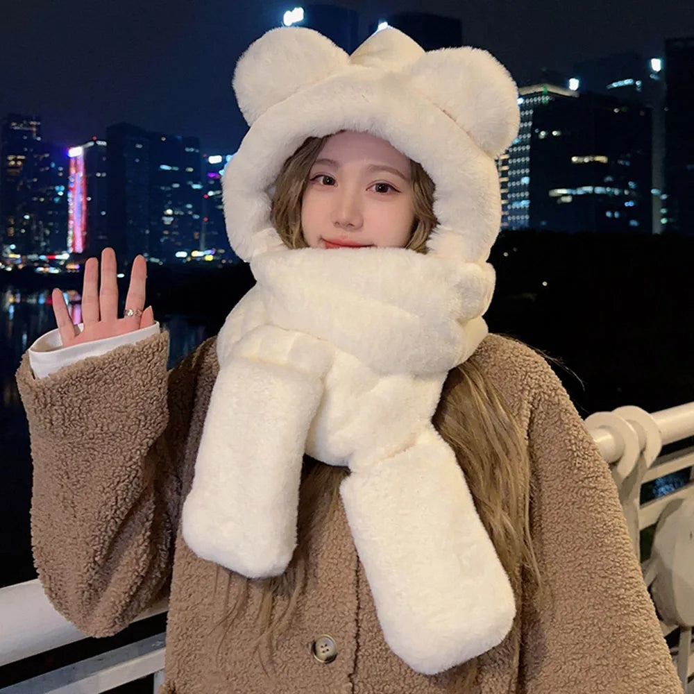Warm plush fleece 3-in-1 bear ear hooded winter hat and scarf set by HSF Marketplace