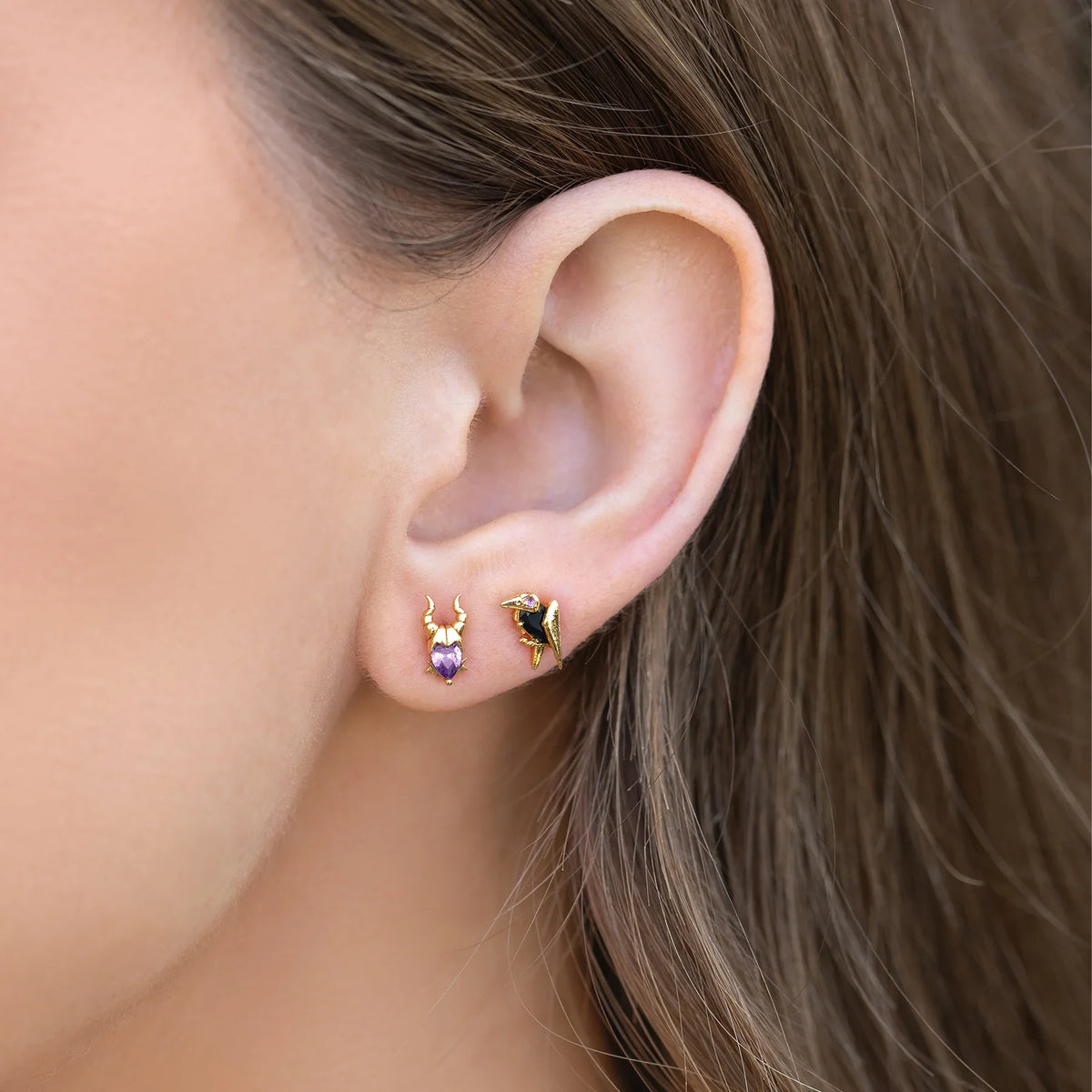 Movie villain stud earrings, gold-color cubic zirconia jewelry for women and girls by HSF Marketplace