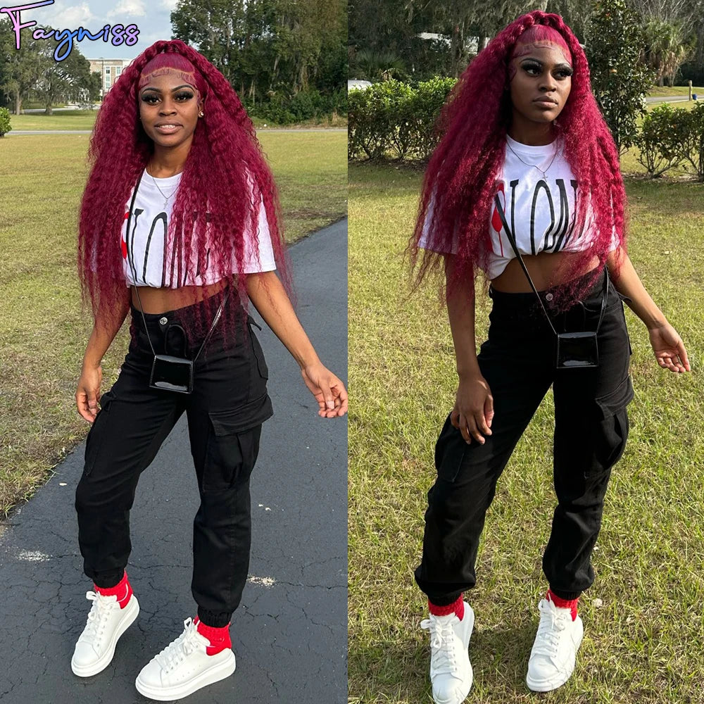 Clearance Sale 99j Burgundy Red Deep Wave Curly 13x4 Transparent Lace Front Wig Human Hair for Women 100% Human Hair Material Soft Healthy 4X4 Lace Closure Wig Human Hair
