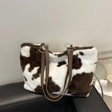 Large cow-print plush winter tote bag for women, HSF Marketplace designer shoulder purse, spacious travel handbag with handles
