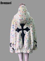 Women's colorful multicolored faux fur coat with hood, thick warm fluffy Harajuku punk style by HSF Marketplace