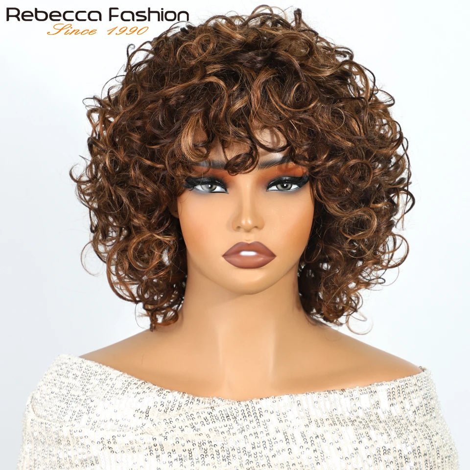 Pixie curly human hair wig by HSF Marketplace featuring highlight short jerry curls, glueless Brazilian Remy bob for women