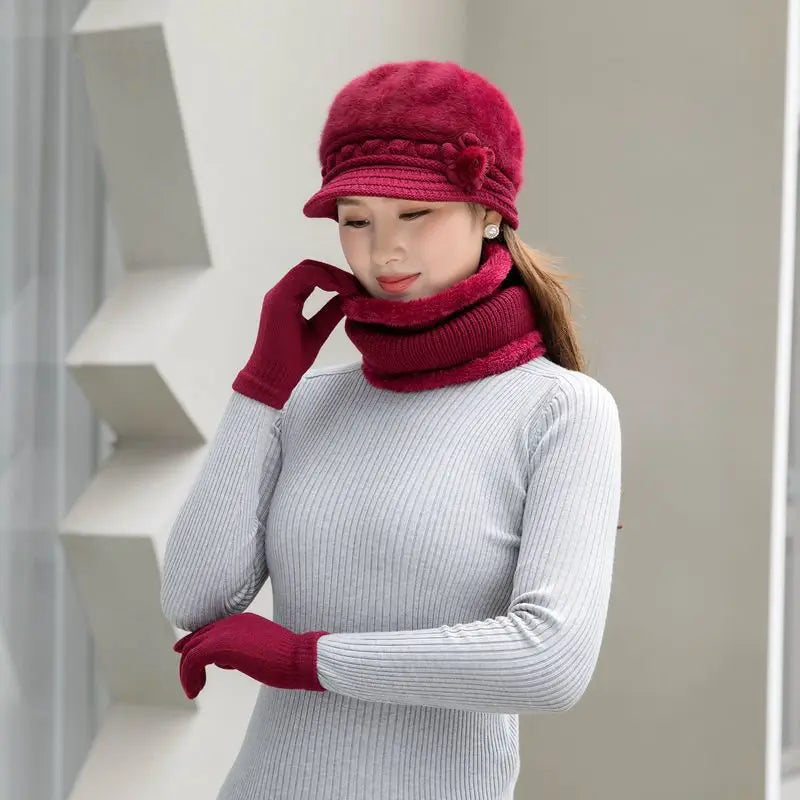 HSF Marketplace warm knitted women's winter hat, scarf, and gloves set in soft cold-weather fabric