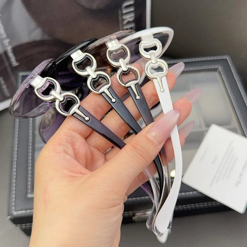 Large retro Y2K gradient sunglasses for women, UV protection, oval shape, fashionable eyewear with elegant high-end decor.