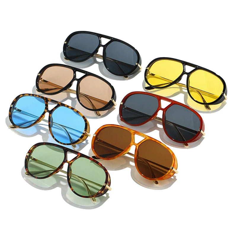Oversized women's pilot sunglasses with double bridges, retro candy color gradient lenses, UV400 protection, HSF Marketplace eyewear.