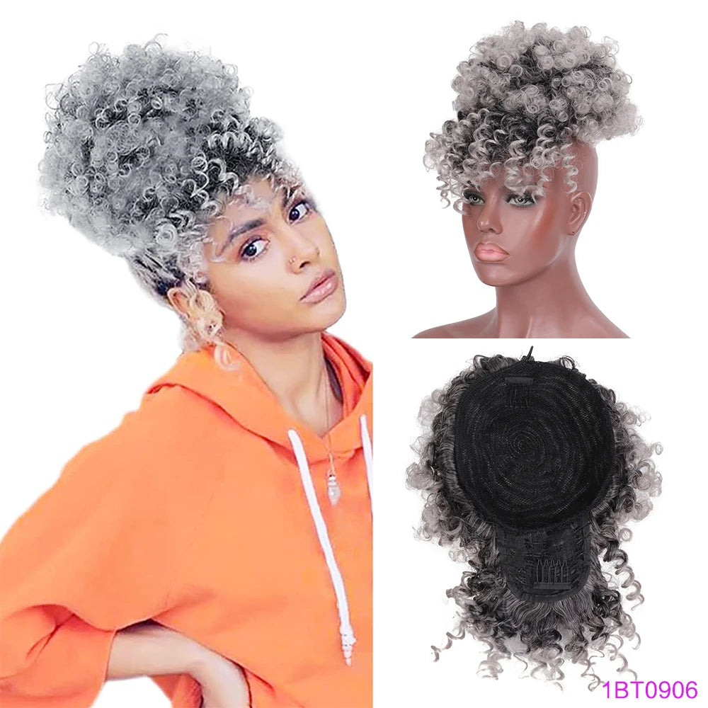 Short kinky curly afro puff drawstring ponytail with bangs, pineapple updo synthetic hairpiece for Black women