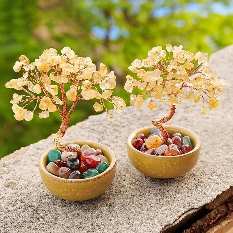 1pcs Natural Yellow Crystal Healing Gems Feng Shui Trees Lucky Money Tree Copper Wire Wrapped Crystal Crafts Home Decor