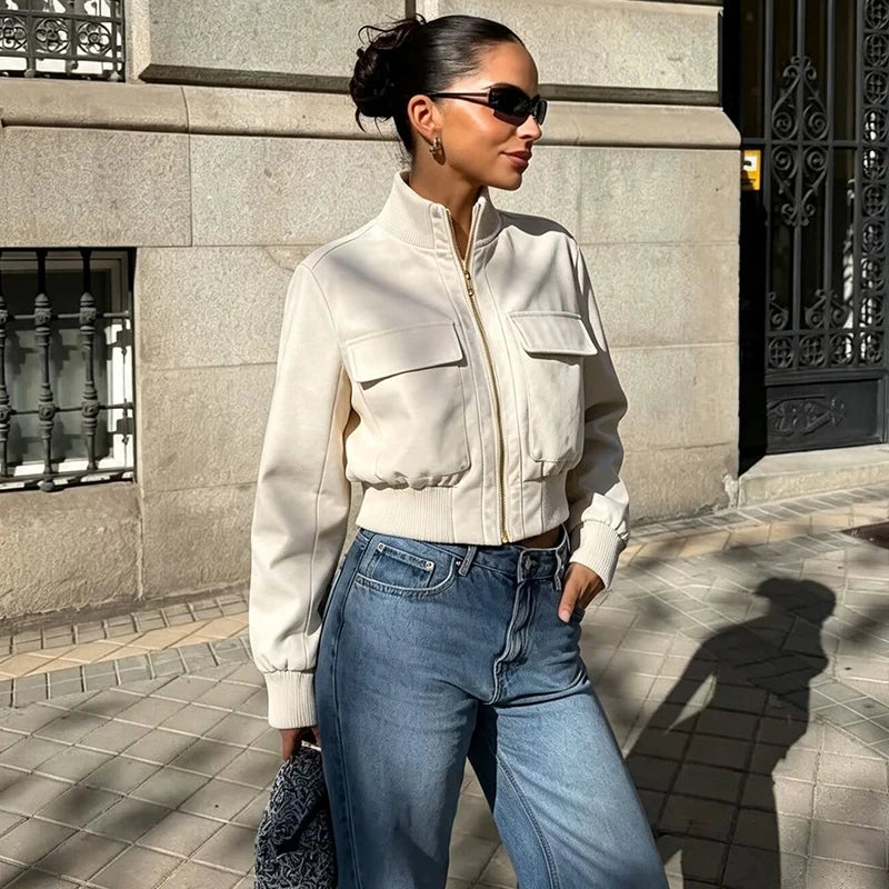 Women's slim warm autumn jacket with big pockets, elegant street-chic style for young women by HSF Marketplace