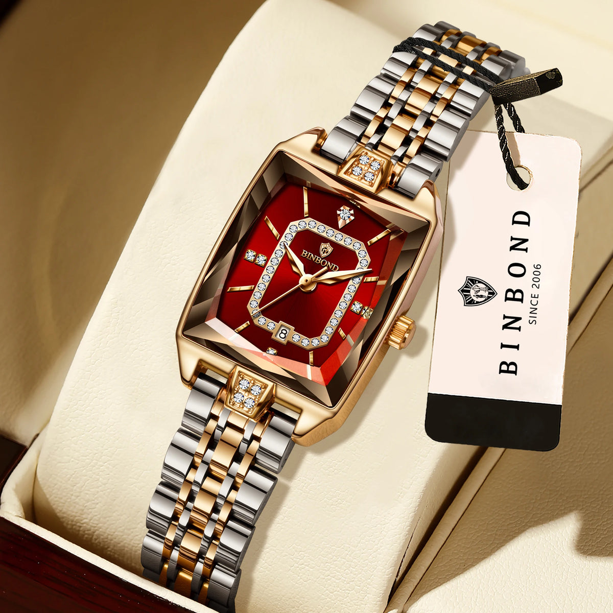 BINBOND Zircon Luxury Reloj Original Waterproof Sturdy Auto Date Women's Watches Ladies Wristwatch Quartz Watch For Women