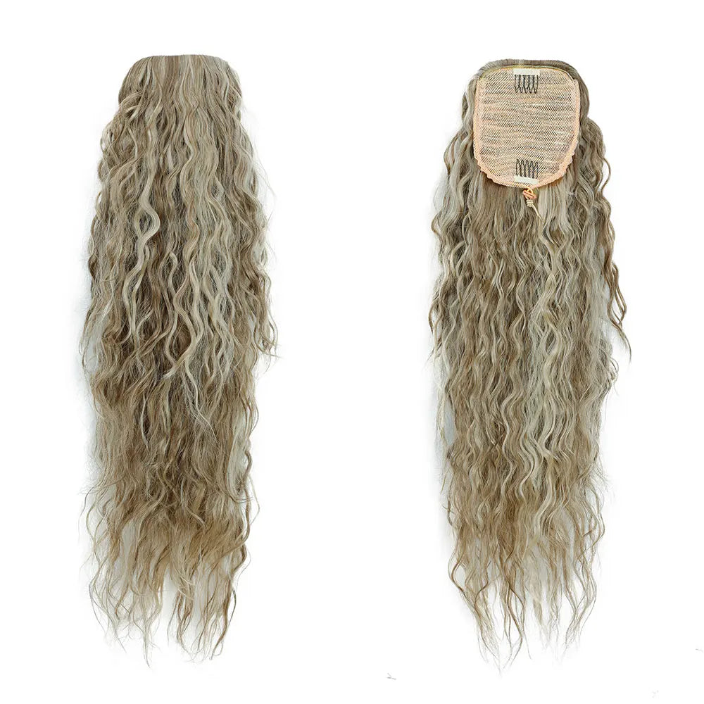 HSF Marketplace 26-inch ombre brown-blonde curly drawstring ponytail clip, 180g heat-resistant synthetic hair