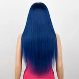 Royal blue Brazilian straight human hair wig with bangs, full machine-made, glueless, 100% Remy human hair for women.