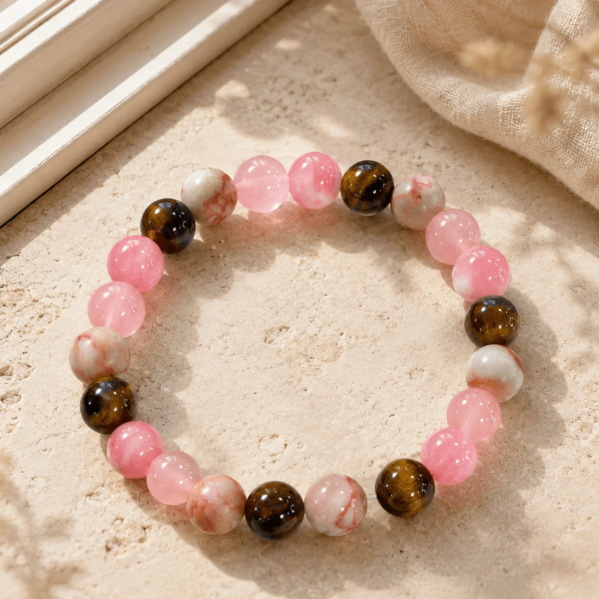 Pink Brown Beaded Bracelet, Round Elastic Bracelet with Tiger Eye Style and White Marble Pattern Beads, Daily Wear Jewelry Gift