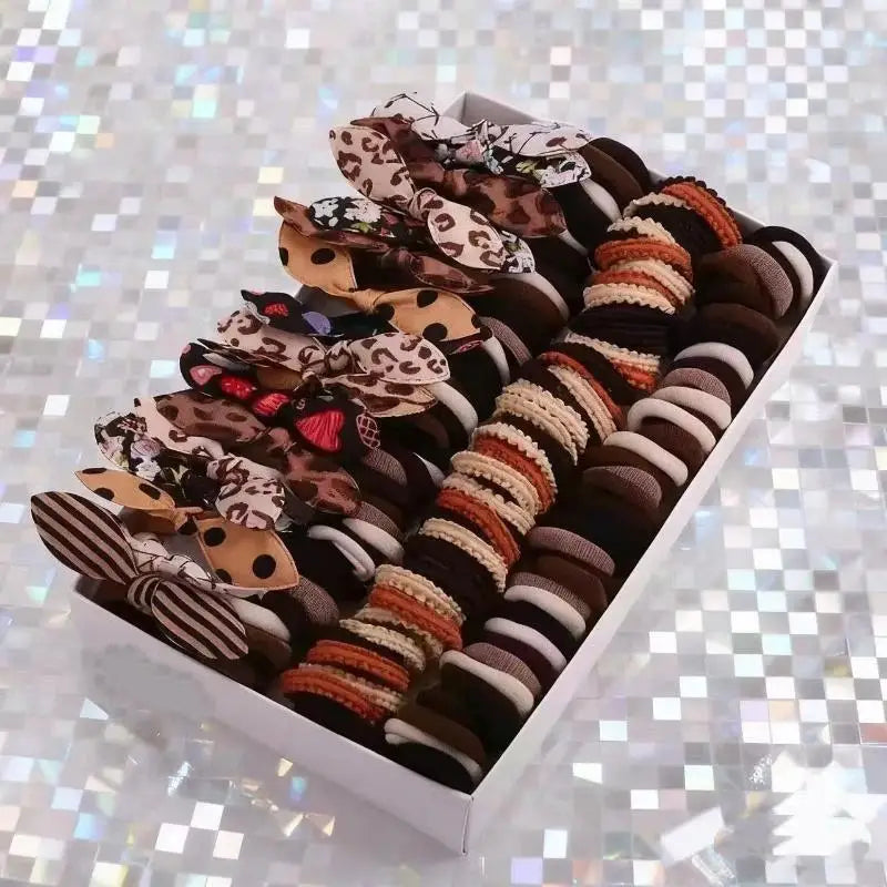 130Pcs Brown Series Mixed Kids Hair Ties Set Sweet Leopard Print Bowknot Rubber Band Cute Hair Rope For Girls Hair Accessories
