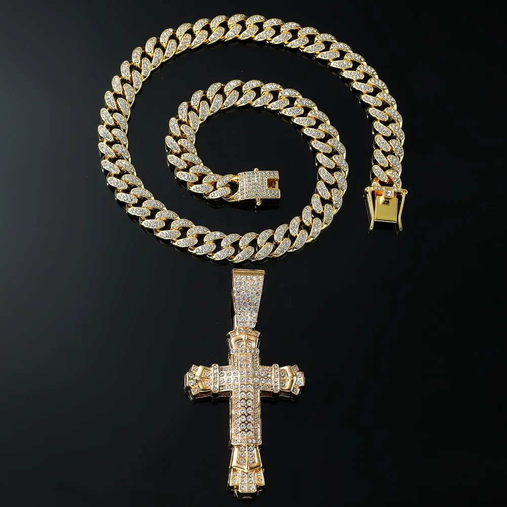 Gold personalized cross pendant necklace with diamond accents, European and American style, hip-hop jewelry by HSF Marketplace