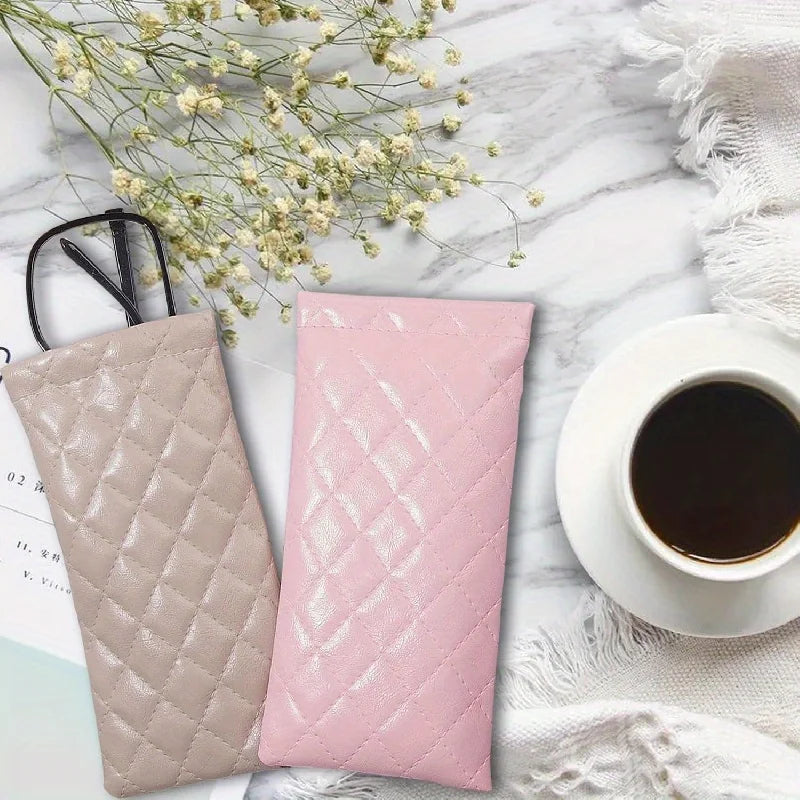 Soft PU leather sunglasses case by HSF Marketplace with a squeeze closure, designed for women’s eyeglasses and sunglasses.