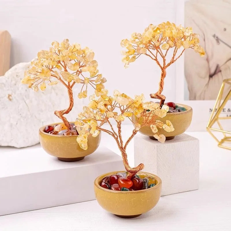 1pcs Natural Yellow Crystal Healing Gems Feng Shui Trees Lucky Money Tree Copper Wire Wrapped Crystal Crafts Home Decor