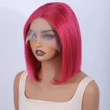 Rebecca natural black bob wig with reddish brown highlights, lace front human hair wig with Peruvian straight texture and T lace part.