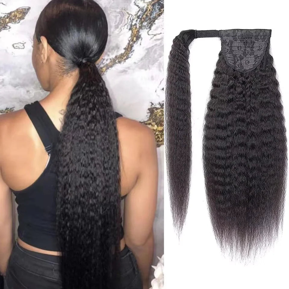 HSF Marketplace kinky straight human hair wrap-around ponytail with clips in yaki texture