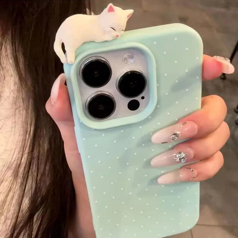 Polka dot iPhone phone case with cute cartoon cat design by HSF Marketplace