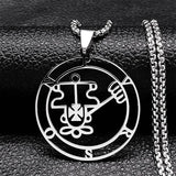 Stainless steel Satan necklace featuring Baphomet stamp and laser-etched sigil, with chain details, from HSF Marketplace jewelry collection.