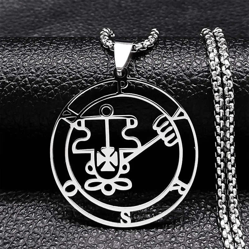 Stainless steel Satan necklace featuring Baphomet stamp and laser-etched sigil, with chain details, from HSF Marketplace jewelry collection.