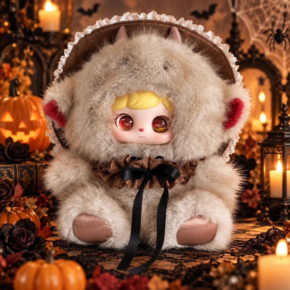 Large Halloween gothic bunny plush doll collectible figure in a mystery blind box, soft fluffy kawaii character decor