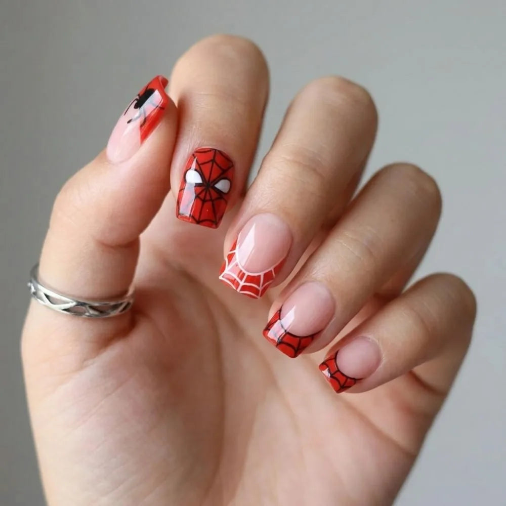24-piece Halloween spooky spider web press-on false nails, red glossy square gothic acrylic tips by HSF Marketplace