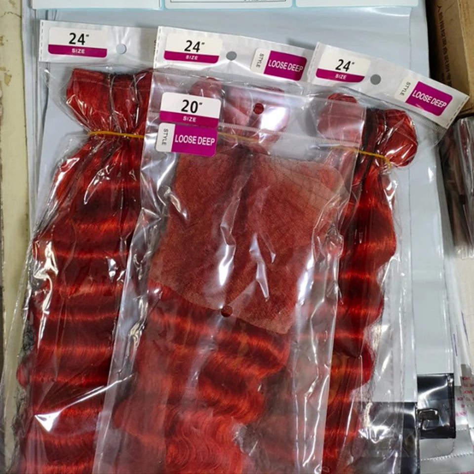 Real Pictures Hot Red Loose Deep Wave Bundles with HD Closure &Frontal Wholesale 10-30 Inch Raw Human Hair Bundles With Closure