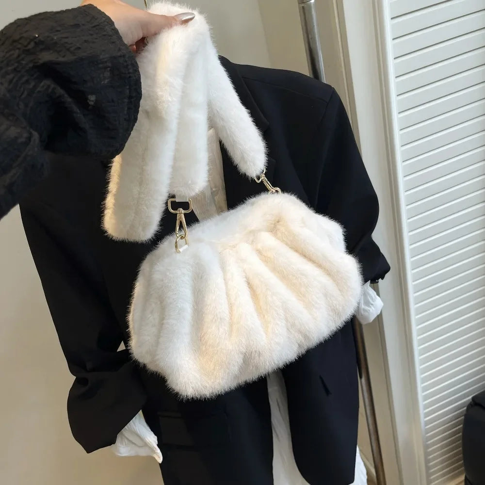 Large capacity HSF Marketplace crossbody handbag with relaxed textured mink fur, solid color shoulder bag for ladies.