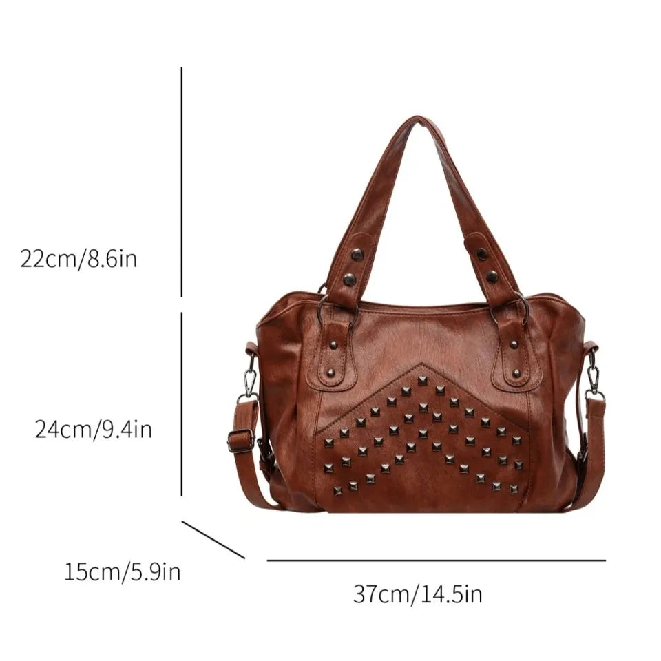 Large capacity rivet punk handbag for women by HSF, black leather-style design with studded details and top handles