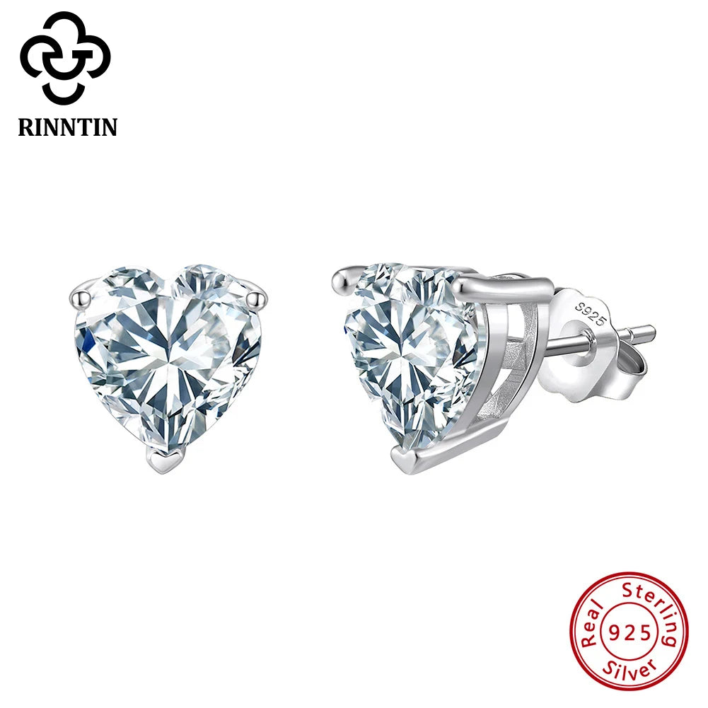 Rinntin love heart cut cubic zirconia stud earrings in 925 sterling silver, shown as a pair
