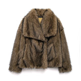 Women's brown faux fur warm jacket by HSF Marketplace for elegant casual style