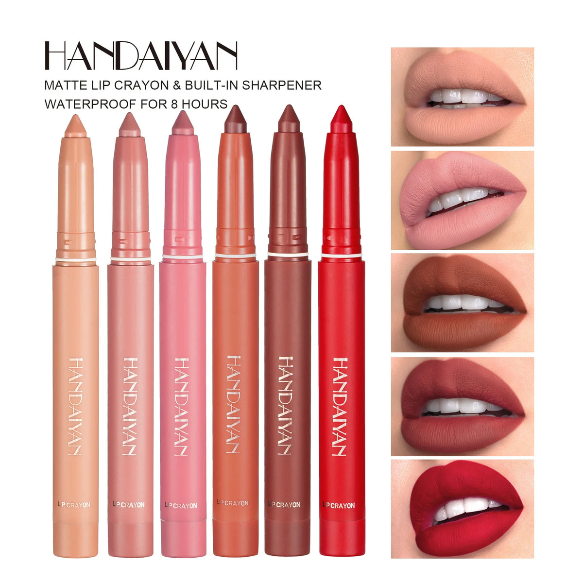 Cherry red matte lipstick and lip liner pencil from HSF Marketplace, featuring natural nude pink lip contour and plumping stain.