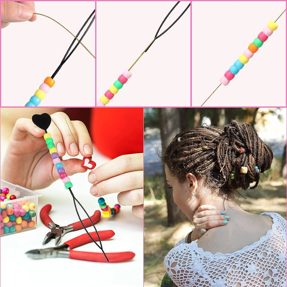 5pcs/Pack Black Quick Beader for Loading Beads on Braids Tool with 100pcs Rubber Bands for Kids Girls Hairstyle Ponytail Make