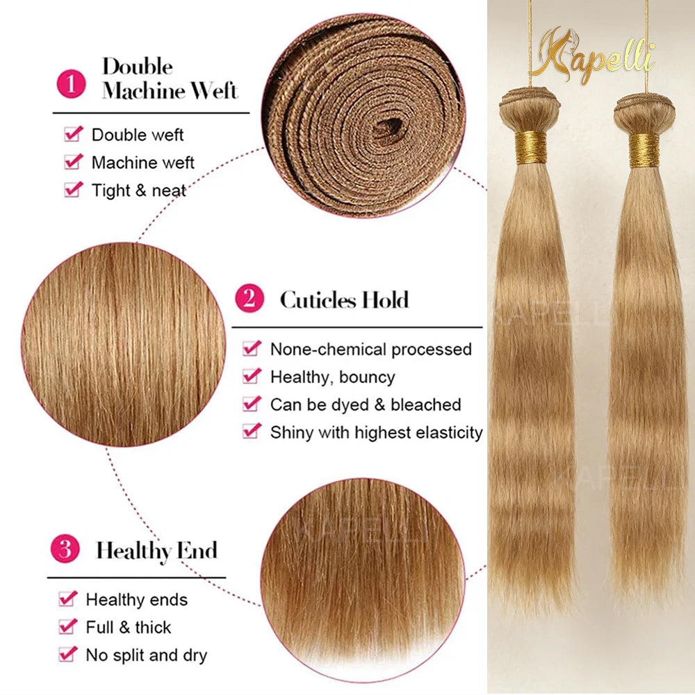 15A Silk Straight Bundles Human Hair and Closure #27 Honey Blonde Human Hair Bundles with Closure HD 4X4 Lace Pre Plucked