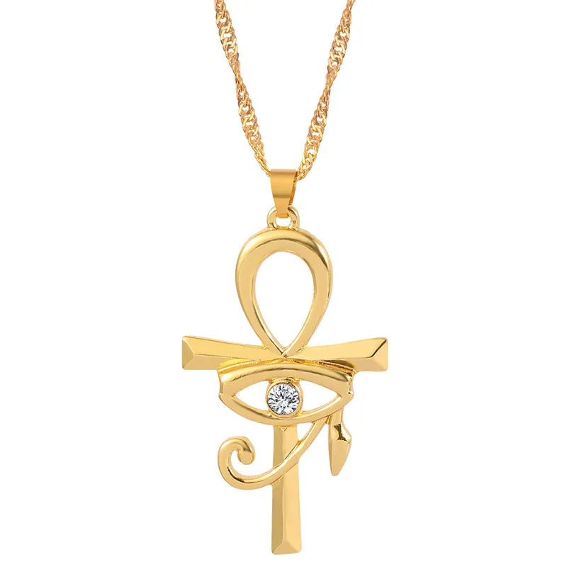Eye of Horus Egypt charm pendant with Ankh cross design, gold-tone jewelry necklace for women, religious and fashion jewelry.
