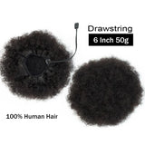 Brazilian human hair afro kinky puff drawstring ponytail extension in natural black, short curly style