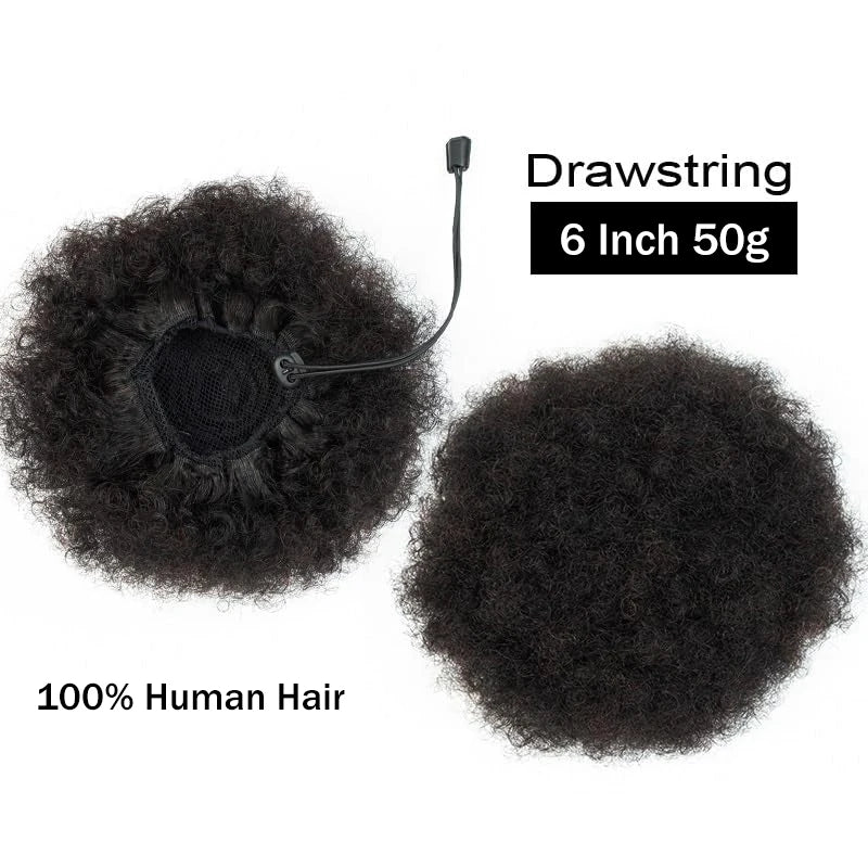 Brazilian human hair afro kinky puff drawstring ponytail extension in natural black, short curly style