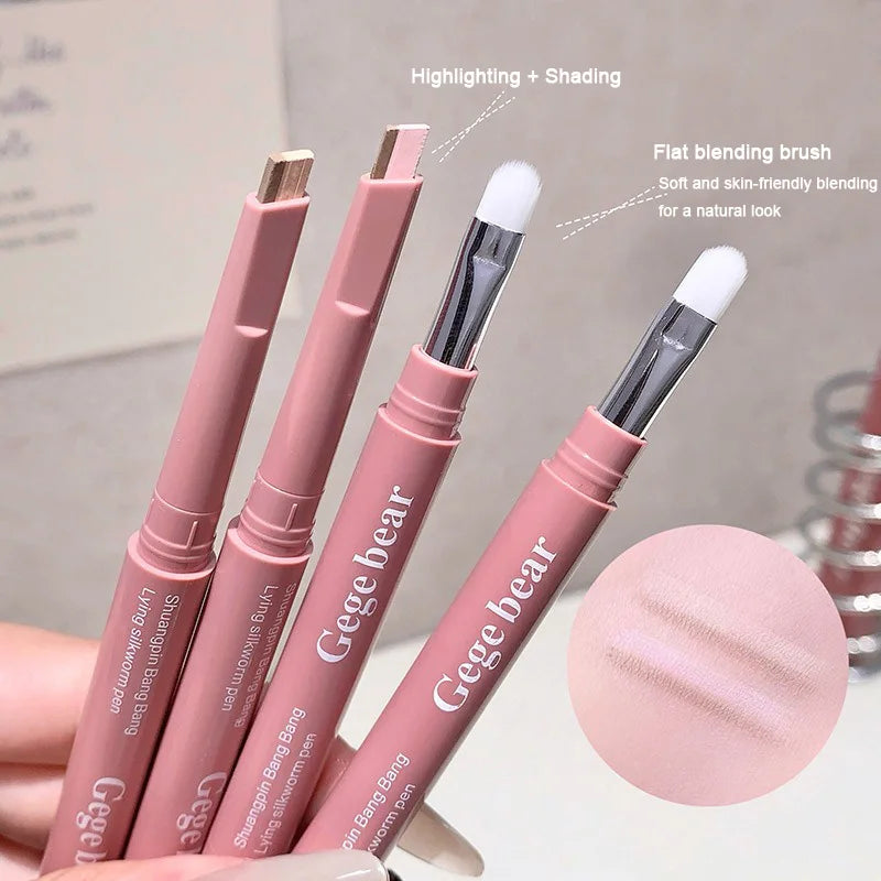 Double-ended lying silkworm pencil highlighter with detail brush for nude lower eyelid contour and aegyo-sal makeup