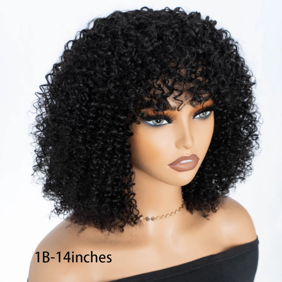 Short curly human hair wig with bangs, afro kinky style, glueless full wig, 250 density, Remy hair, by HSF Marketplace.