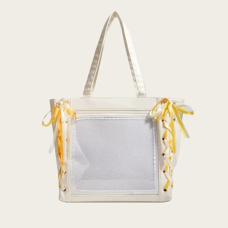 Cute Japanese ribbon ita bag, aesthetic transparent tote handbag with clear display window and decorative bow handles