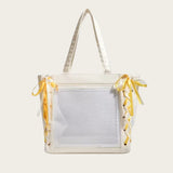 Cute Japanese ribbon ita bag, aesthetic transparent tote handbag with clear display window and decorative bow handles
