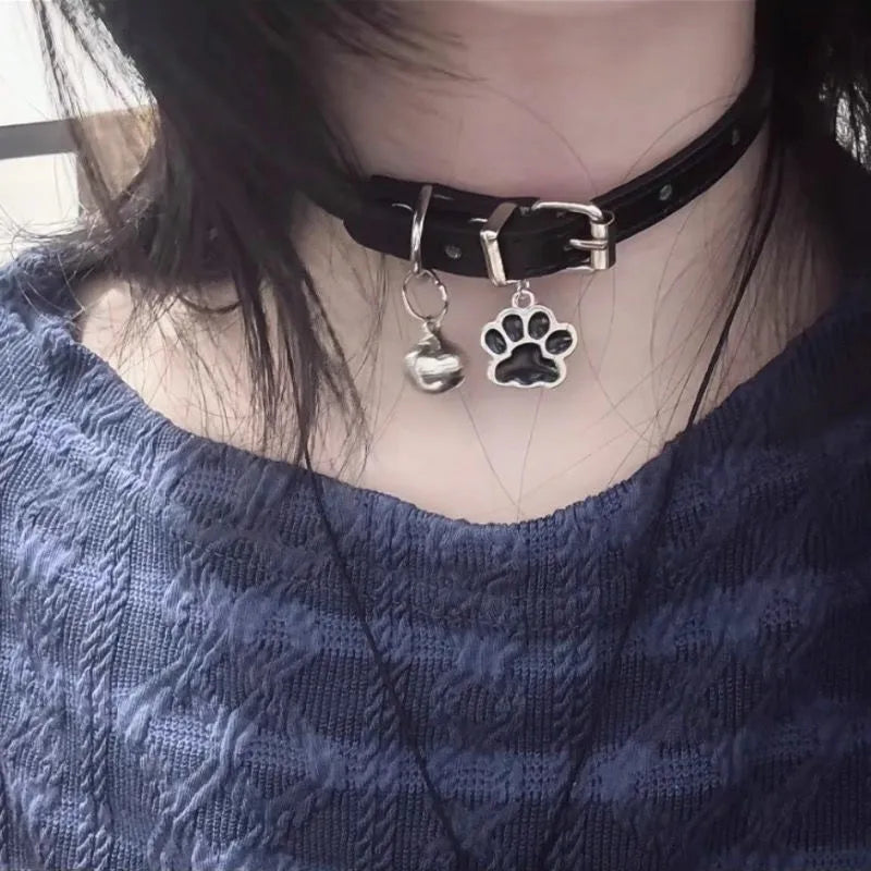 Gothic cat claw choker necklace with paw pendant, black faux leather, rivet accents, for women, Korean fashion jewelry, HSF Marketplace