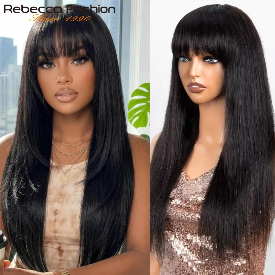 Straight human hair wig with bangs, 100% Remy human hair, full machine-made, wear-and-go style for women, beginner friendly.