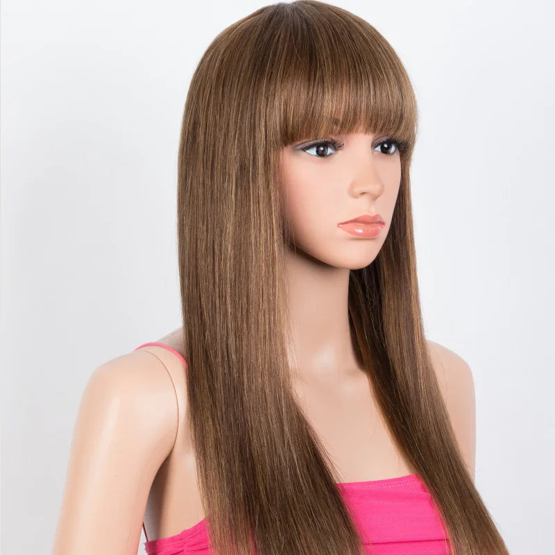 Rebecca 180D straight human hair wig with bangs, showcasing a sleek straight bob style with a full machine-made construction.