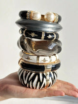 Retro Elegant Pearl Star Black & White Drip Stripe Wide Metal Bangle Everyday Chic Elegant Women's Jewelry