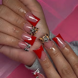 24-piece nude pink short duckbill false nails with leopard French tips, 3D bowknots, butterflies and cherries