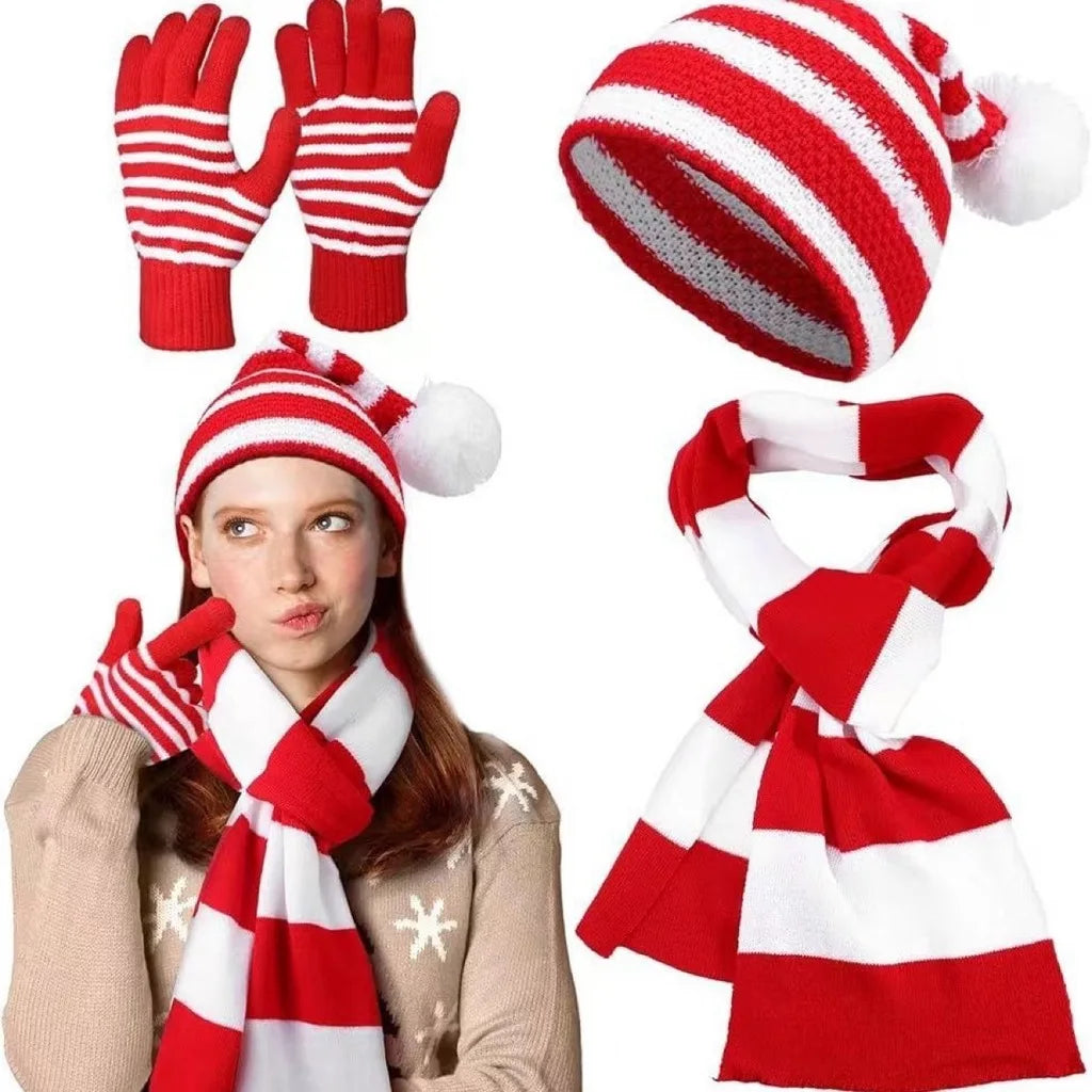 Christmas-themed knitted hat scarf glove set for winter warmth by HSF Marketplace